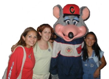 Ashlee, Erika, and Eva with Chuck E. Cheese